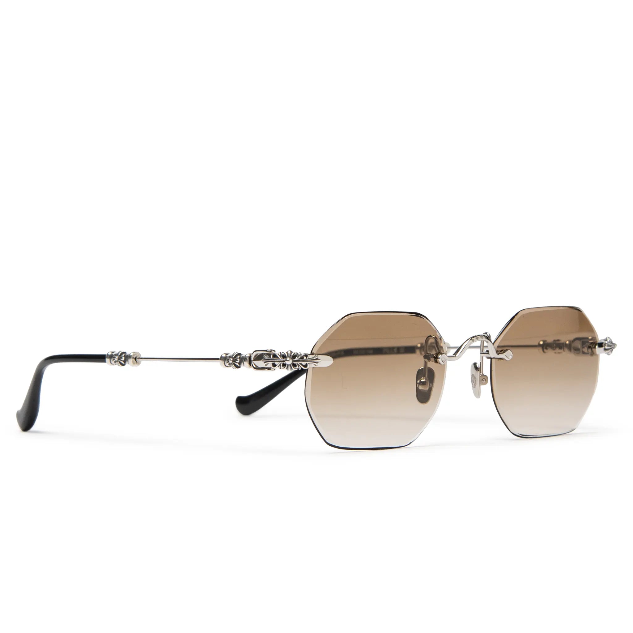 Front Side View of Chrome Hearts Pills III Custom Silver Brown Diamond Cut Sunglasses